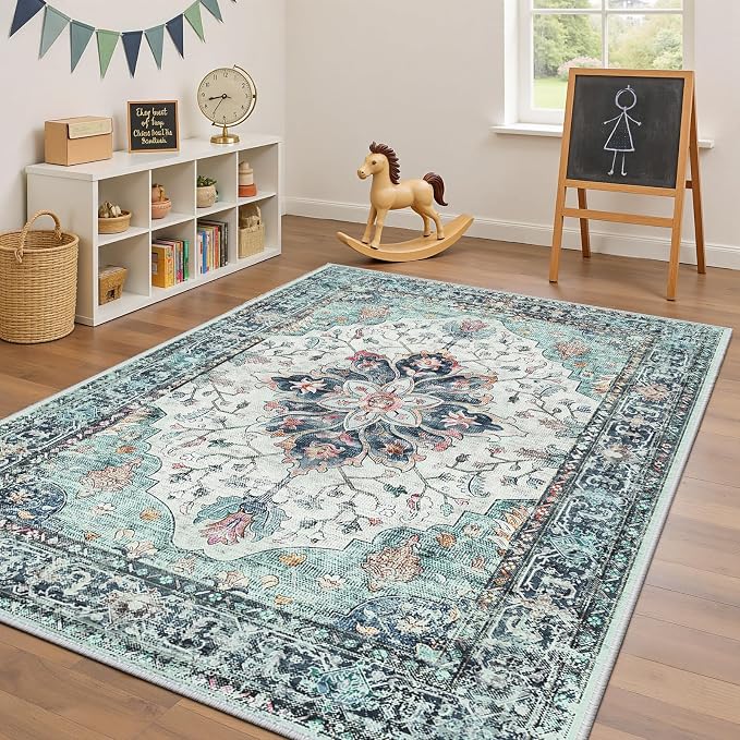 RELEANY Area Rugs 4'x6' Washable Non-Slip, Floral Vintage Distress Medallion Carpet for Living Room Bedroom Dining Room, Green Navy Blue White Red Teal