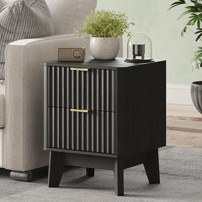 Fluted Nightstand Set of 2, Modern End Table with Metal Handle,2 Storage Drawers Side Table,Bedside Table for Bedroom,Wood Nightstands,Curved Profile Design Furnitue, Black