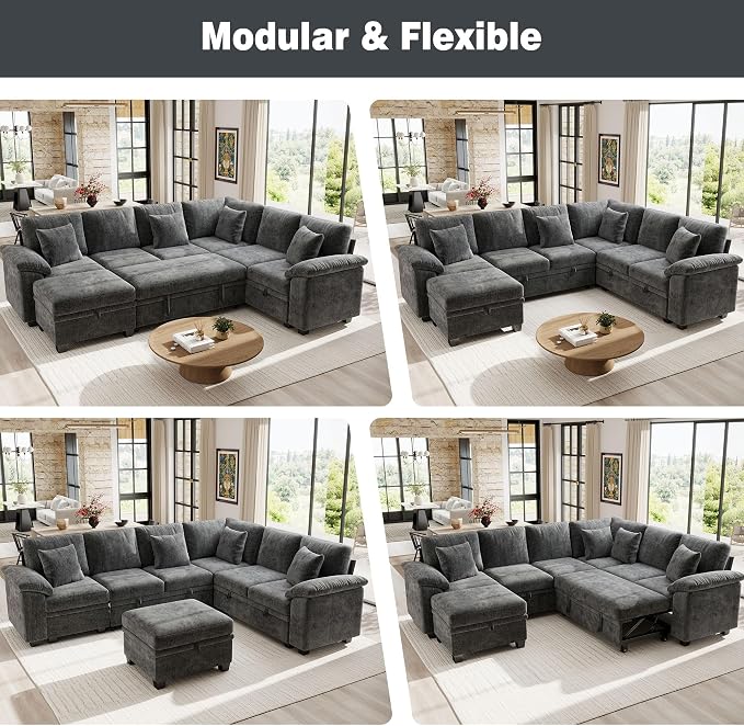 Ihanherry 108" Modular Sectional Sofa with Pull Out Bed, 7-Seater L Shaped Sectional Sleeper Couch with Storage, Chenille Convertible Couches for Living Room, Apartment (Grey)