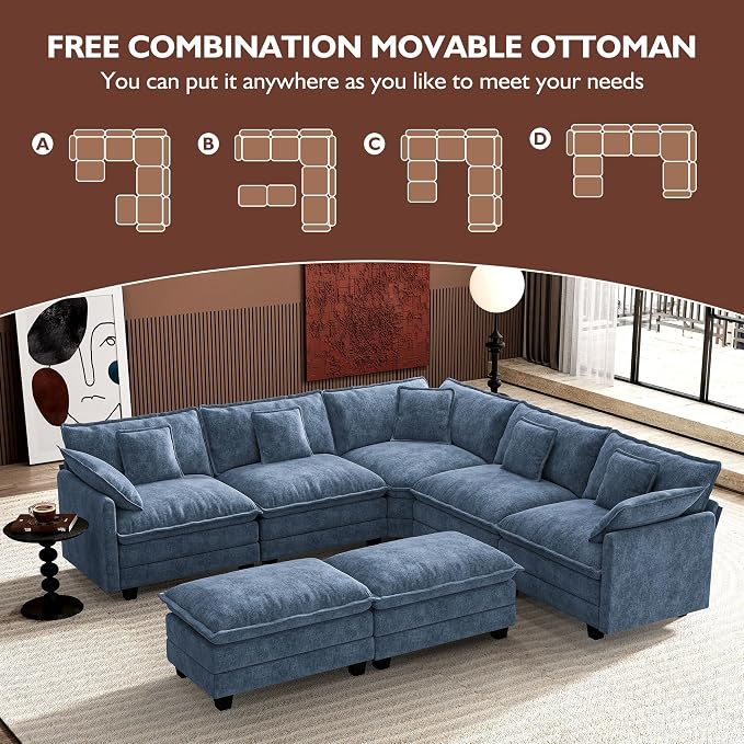 Ihanherry 114" V-Shaped Modern Sofa Modular Sectional Cloud Couch with 2 Ottoman, 7-Seat Chenille Deep Seat Sofa with Corner Section for Living Room, Bedroom and Apartment, Blue