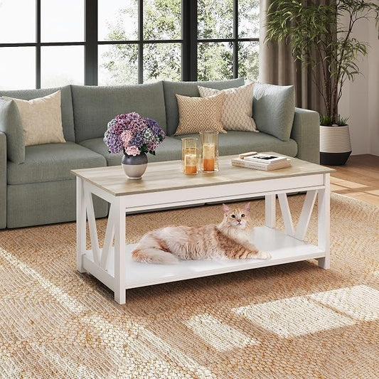 WLIVE Coffee Table, 43" Farmhouse Coffee Table with Storage Shelf & Sturdy V-Shaped Support, Wood Center Table for Living Room, Bedroom, Office and Balcony, White