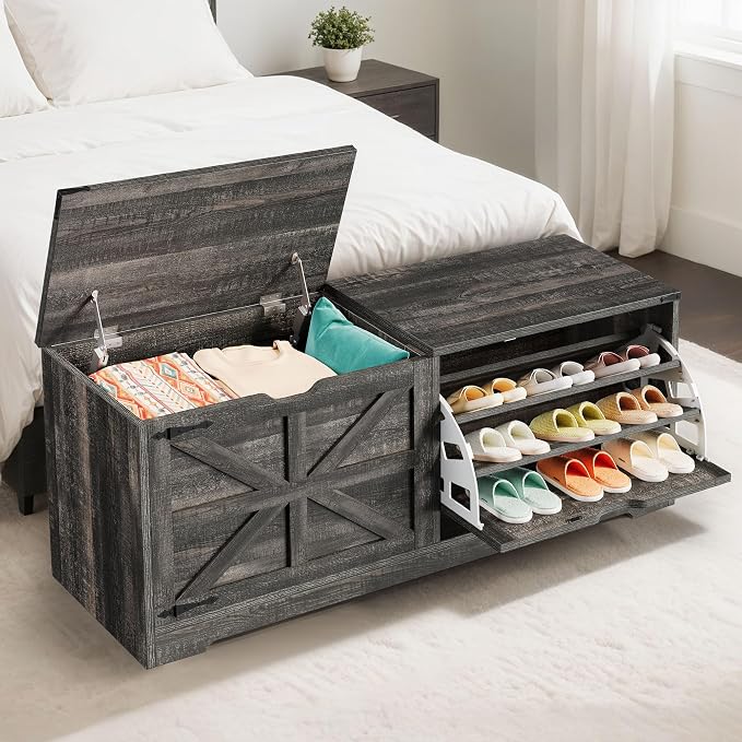 DWVO Shoe Storage Bench, 55" L Shoe Cabinet with 3 Flip Drawer & Flip-Top Storage, Farmhouse Modular Tilt-Out Organizer for Entryway, Mudroom, Bedroom | 3 tilt-out drawers, flip-top storage, farmhouse style, for entryway mudroom bedroom, sturdy wooden ...