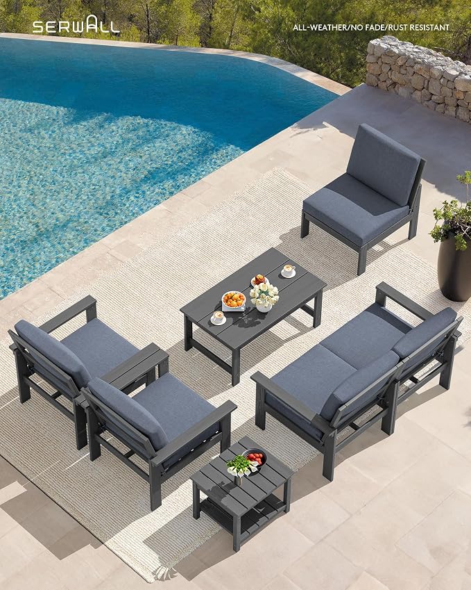 SERWALL HDPE Patio Furniture Set, 7-piece Outdoor Sectional Sofa Set, All Weather Outdoor Couch Set for Deck, Lawn, Grey Frame with Grey Cushion