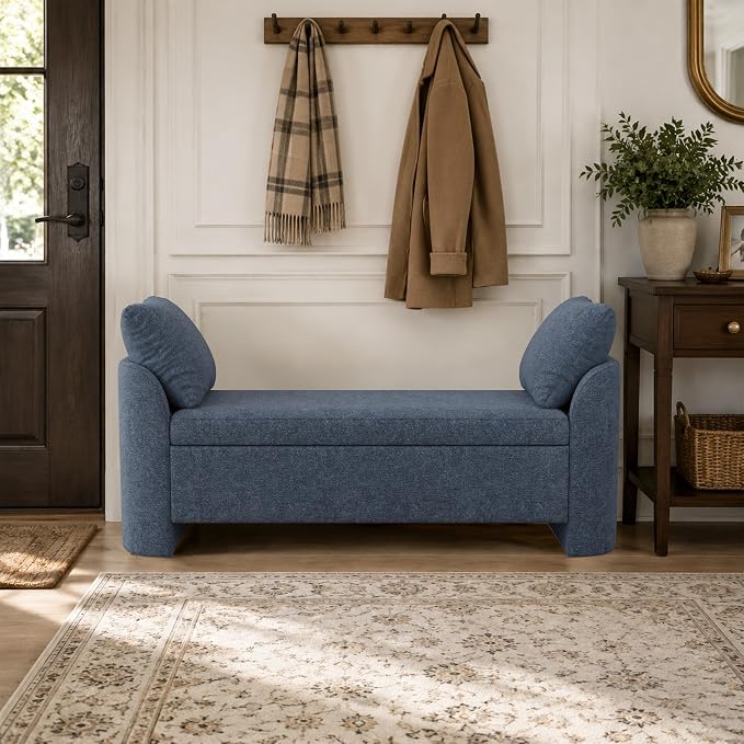 Usaint 58.3" Storage Ottoman Bench with Pillows, Upholstered End of Bed Bench with Arms, Footrest Stool Bench for Bedroom, Living, Window, Entryway and Hallway, Blue
