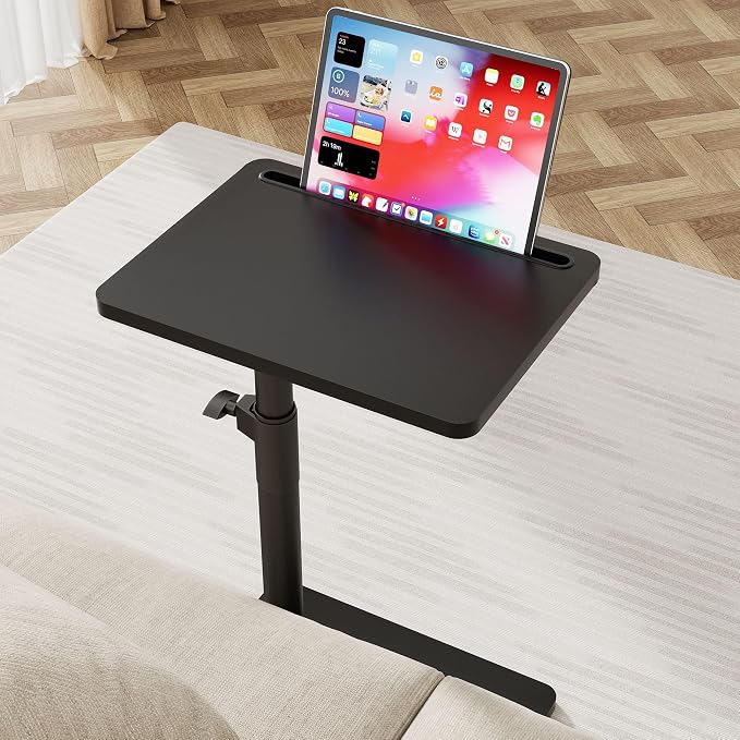 YUHFERA Sofa Armrest Tray Table for Couch - 360° Swivel Height Adjustable End for Small Spaces, Snack Side Table for Bed or Chair with Phone & Tablet Slot (Black,Standard)