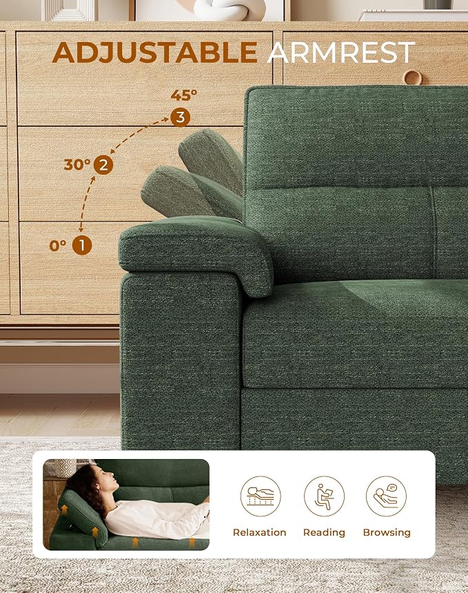 71.25" L Shaped Sectional Couches for Living Room, Deep Seat Sofa with Big Storage Ottoman & 8”Cushion, Comfy 2-Seater Chenille Loveseat, Convertible Armrest, Removable Cover for Small Space(Green)