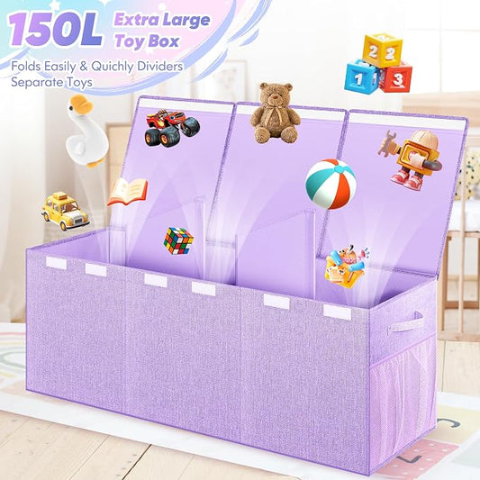 Mabahoo Extra Large Toy Box, Toy Chest for Kids Boys Girls, Collapsible Sturdy Storage Organizer with Mesh Pockets, 40"x14"x16" Kids Box Bins Baskets for Nursery, Playroom, Purple