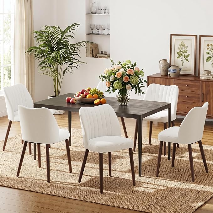 Upholstered Dining Chairs Set of 6, Modern Fabric Dining Chairs with Curved Backrest & Solid Rubber Wood Legs, Padded Kitchen Dining Room Chairs for Restaurant Cafe, Beige
