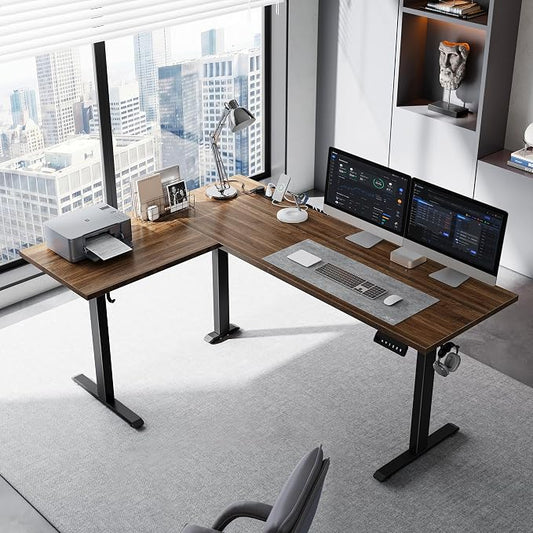 Klicelor L Shaped Standing Desk 63 x 48 Inch,Electric Height Adjustable Corner Desk with Cable Management & Power Outlets, Ergonomic Sit Stand Up Computer Table for Home Office,Dark Walnut