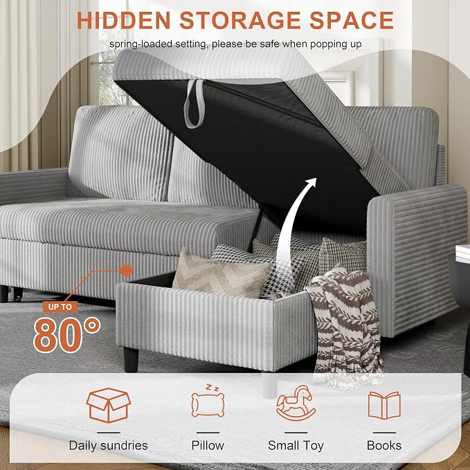 Vongrasig Pull Out Couch, 2 in 1 Small Sofa Bed Sleeper Sofa with Storage, 77" L Shaped Convertible Sofa with Storage Chaise for Living Room, Apartment, Light Grey