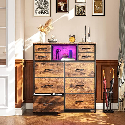 Romorgniz Dresser for Bedroom with LED Lights & Power Outlets 2 AC & 2 USB, Fabric 10 Drawer Dressers & Chest of Drawers with Open Shelves for Hallway Living Room, Metal Frame, Wood Top, Rustic Brown