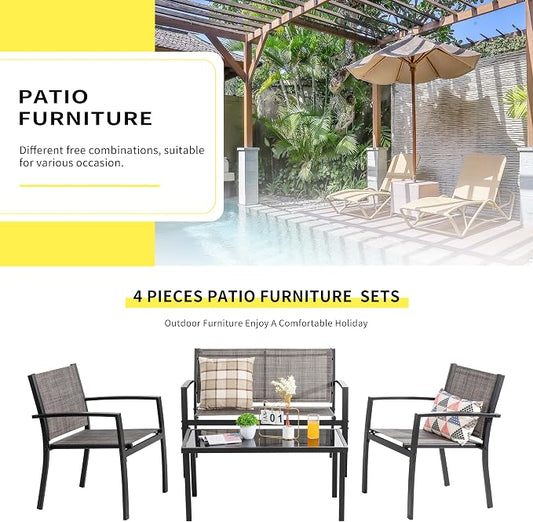 Shintenchi 4 Pieces Patio Furniture Set All Weather Textile Fabric Outdoor Conversation Set, with Glass Coffee Table, Loveseat, 2 Single Chairs for Home, Garden, Lawn, Porch(Light Brown)