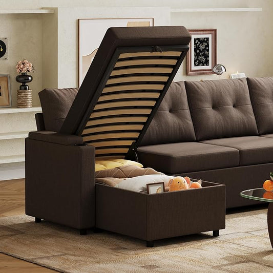 WLIVE 110'' Sectional Couches for Living Room, Pull Out Couch, U Shape 7 Seat Sleeper Sofa with Storage Chaise and Pillows, Removable Sofa Cover, Cups Holders, USB Charging Station, Brown