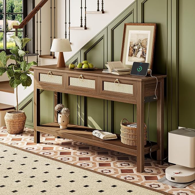 SUPERJARE Rattan Console Sofa Table with Outlets and USB-C Port, 3 Drawer Entryway Table with Synthetic Rattan Surface, Open Shelf, Behind Couch Entry Foyer Hallway Storage, Brown