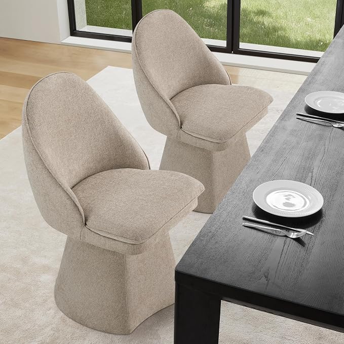 KISLOT Swivel Dining Chairs Set of 4, Upholstered Mid Century Modern Deskchair with Round Back, Linen Fabric Kitchen Chairs for Dining Room, Bedroom, Dressing Room, Khaki