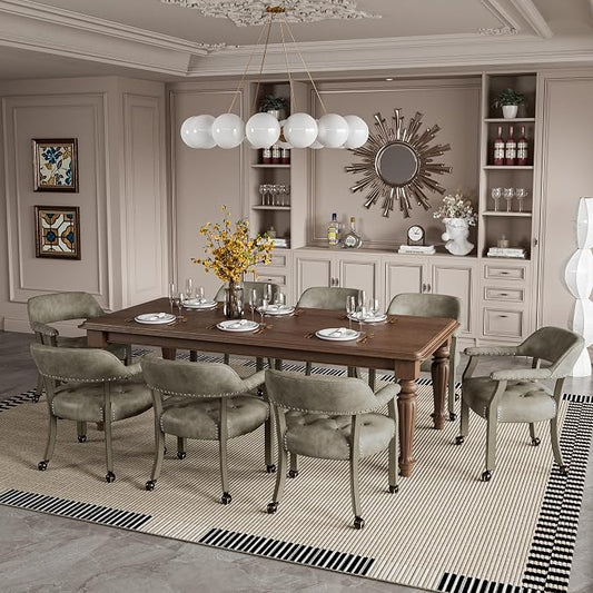 LEEMTORIG Set of 8 Dining Chairs with Casters and Arms, Large Rolling Dining Chairs with Wheels, Accent Poker Chairs, Solid Wood Boss Caption's Chairs, 26" D x 25.2" W x 31.5" H, Soft Grey SY-1318-UA