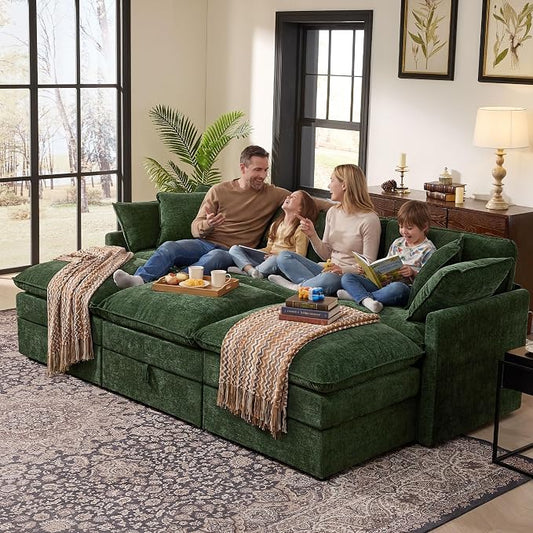 Ihanherry Oversized Sectional Sofa Bed with Storage, 103" 6-Seater Modular Cloud Couch with Movable Ottomans, Chenille Deep Seat Sleeper Couches for Living Room (Green)