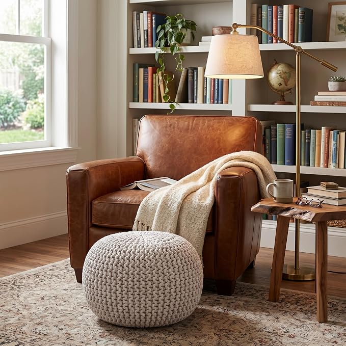 BIRDROCK HOME Round Pouf Ottoman Foot Rest - 18.5”x18.5”x15” Boho Compact Comfortable Soft Cotton Braided Foot Stool with Bean Bag Filling for Living Room, Bedroom, or Nursery (Ivory)