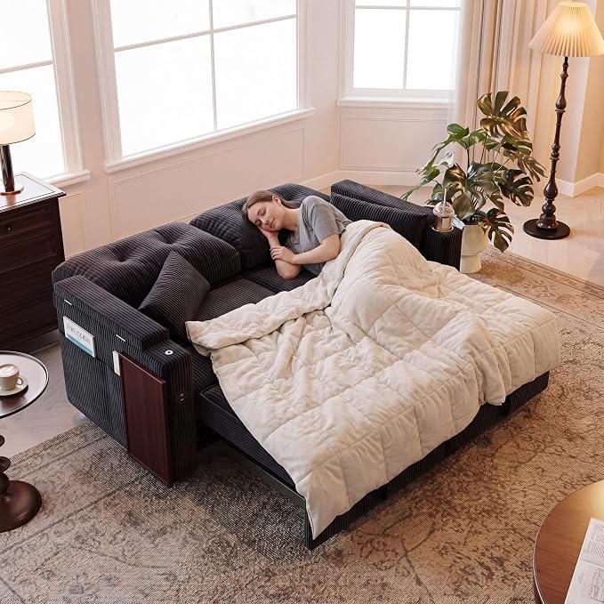 73" Queen Size Sofa Bed, Loveseat Sleeper Sofa with Pull Out Bed, 360° Swivel Table and USB, Modern 2 Seater Convertible Corduroy Couch for Living Room Bedroom Apartment, Black