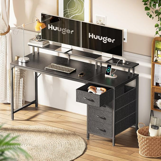 Huuger 55 Inch Computer Desk with Power Outlets and LED Lights, Gaming Desk with 4 Drawers, Office Desk with Monitor Stand, Study Work Home Office, Black