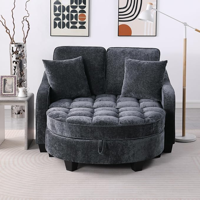 ERYE Chenille Tufted Loveseat Sofa and Ottoman Set, Tufted Recliner Sleeper Chaise Lounge with Curved Storage Ottoman,Reclining Backrest and Side Pockets, 4 Pillows