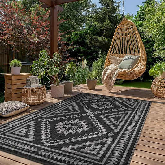 GENIMO Outdoor Rug for Patio Clearance - 6x9 ft Waterproof Plastic Camping Rugs, Reversible Outside Rv Mat Carpet for Porch, Deck, Picnic, Balcony, Beach, Backyard, Black Grey