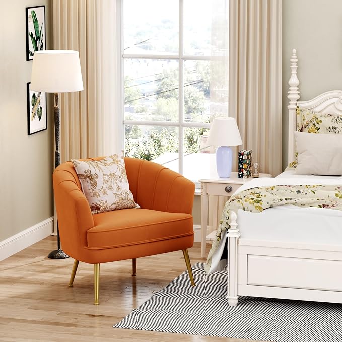 Andeworld Velvet Accent Chair, Upholstered Modern Single Sofa Side Chair,Comfy Barrel Club Living Room Armchair with Golden Metal Legs for Bedroom Living Reading Room Office,Caramel Orange