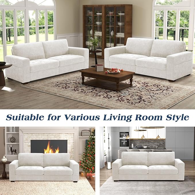 WorthFurni Sofas for Living Room, Chenille Loveseat Couch Set, Small Modern Sofa, USB Charging, Removable Sofa Cover,Solid Wood Frame, Easy to Install(89inch,White)