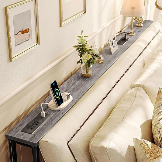 SUPERJARE 79 Inch Sofa Table with 2 Power Outlets and USB-C Ports, 5.9 Inch Narrow Console Table with Storage, Long Entryway Hallway Couch Table Behind Sofa, Small Spaces, Living Room, Grey AST001H