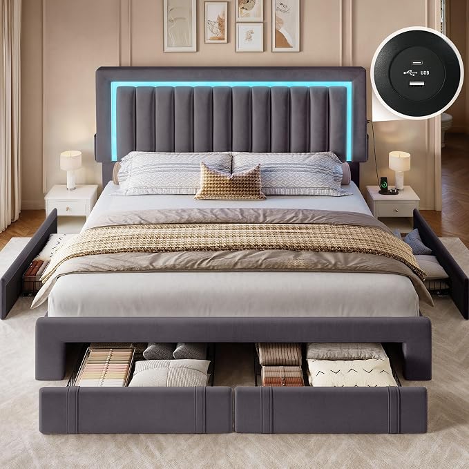 YITAHOME Queen Size Bed Frame with Adjustable Headboard, 4 Storage Drawers and RGB LED Lights, Velvet Upholstered Platform Bed with USB Ports, No Box Spring Needed, Fast Assembly, Noise-Free, Gray