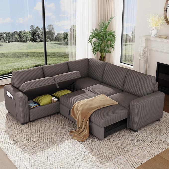 Vesgantti 88.4" Sleeper Sectional Couch with Pull Out Bed, 5 Seater L Shaped Modular Sectional Sofa with Storage, Comfy Corduroy Modular Sofa for Living Room, Bedroom, Apartment, Light Coffee