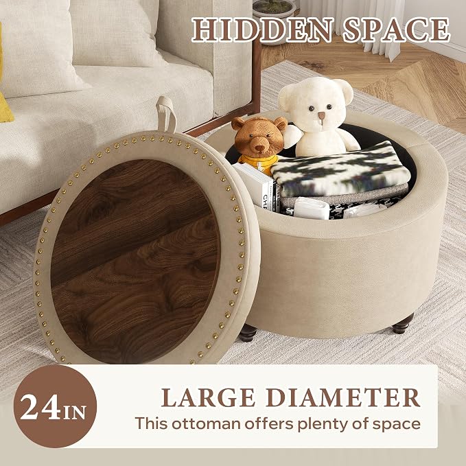 24 Inch Round Storage Ottoman,Modern Tufted Ottomans,Circular Coffee Table with Removable Top,Upholstered Large Ottoman with Storage Footrest Stool for Bedroom Living Room (Lightbrowm)