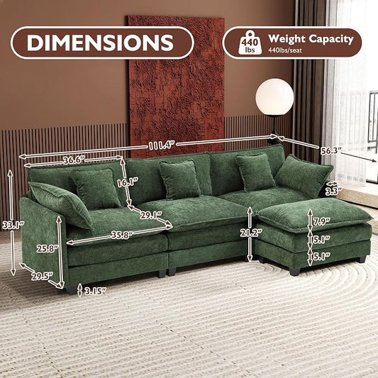 Ihanherry 111.4" L Shaped Modern Sofa Modular Sectional Cloud Couch with Ottoman, 4-Seat Chenille Deep Seat Sofa with Pillow for Living Room, Bedroom and Apartment, Green