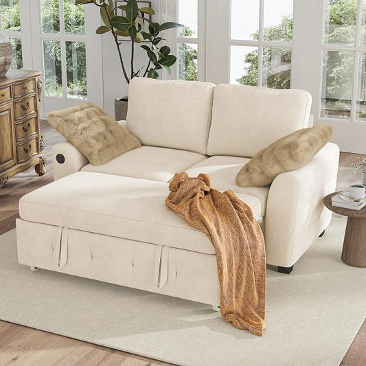 Hanherry 59" Loveseat Sofa with Pull Out Couch Bed, Chenille 2-in-1 Convertible 2 Seater Sleeper Sofa with USB Charging,Comfy Love Seat for Small Spaces Living Room Apartment