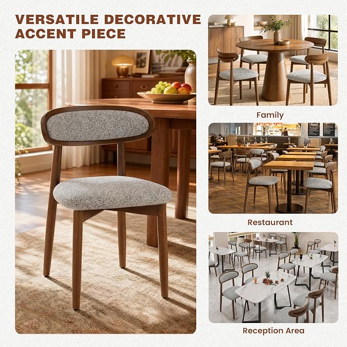 Wooden Dining Chairs Set of 4, Modern Fabric Upholstered Dining Room Chair, Kitchen Side Chairs, Farmhouse Dinner Chair with Curved Back for Kitchen, Lightgrey