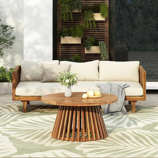 Merax Outdoor Acacia Wood Conversation Set - Patio 3-Seat Loveseat Sofa w/Coushion and Round Coffee Table for Backyard, Lawn, Balcony, Beige +Teak