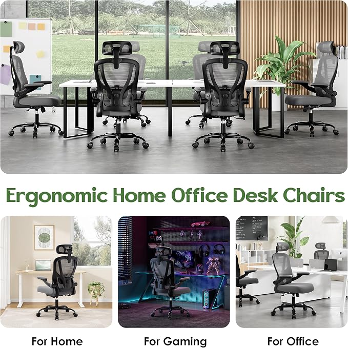 Office Chair Ergonomic Desk Chair - Mesh High Back Office Chair with Headrests Wheels Lumbar Support Home Desk Office Chairs Flip up Armrest Executive Rolling Computer Chair Black Gray