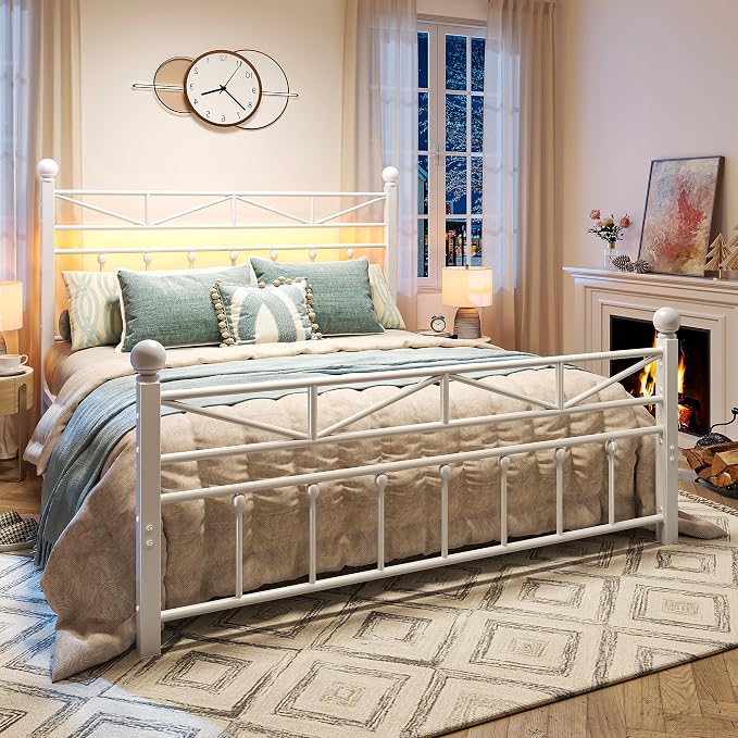 EnHomee 14.2" Queen Size Metal Platform Bed Frame, 54" Tall Headboard and LED Lights, Victorian Vintage Footboard, Under Bed Storage, Heavy Duty Metal Slats & Noise Free, White