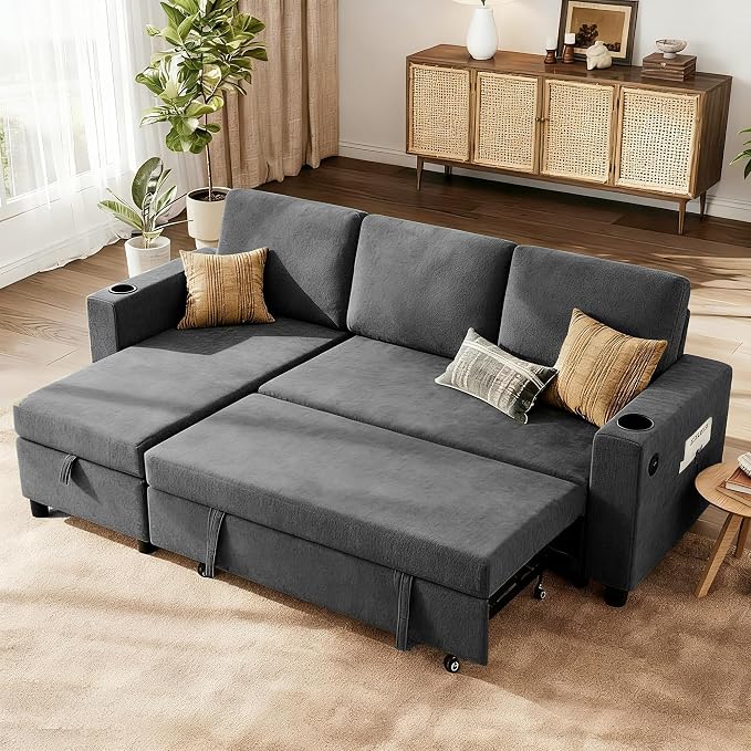 KISLOT 84 Inch Sectional Sleeper Sofa with Pull Out Bed Convertible 2 in 1 Couch with Storage Chaise & USB Charging Comfy L Shaped Modular Couches for Living Room Apartment(2 Box)