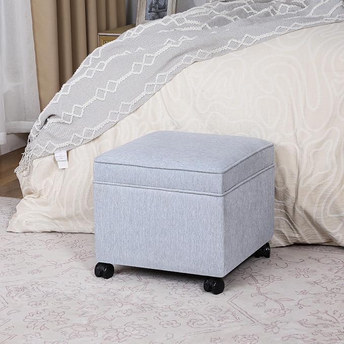 Adeco 17.5 inch Square Storage Ottoman with Wheels & Flip Top Lid, Upholstered Linen Foot Rest Stool, Small Coffee Table for Living Room & Bedroom, Ice Blue