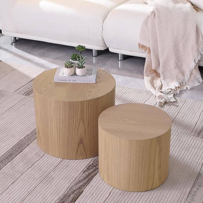 Nesting Coffee Table Set of 2, Wood Round Coffee Table, Modern Coffee Table for Small Space Living Room, Wood Color