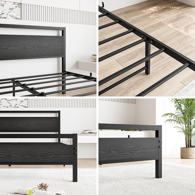 BOFENG Black Queen Size Bed Frames with Wood Headboard,Heavy Duty Metal Platform Bed Frame with Storage No Box Spring Needed,Strong Steel Slats Support,Noise Free