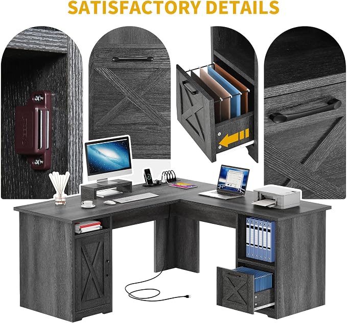 DWVO L Shaped Desk with File Drawer, 60" Corner Computer Desk with Power Outlets, Home Office Desk with Monitor Stand & Storage Shelves & File Cabinet, Grey