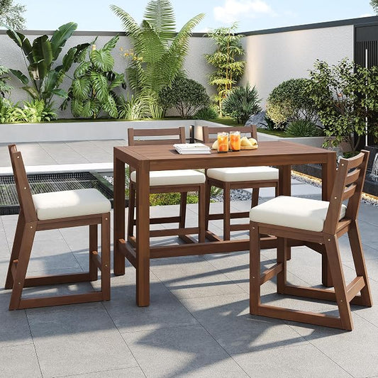Quarte 5-Piece Acacia Wood Patio Bar Set, Rustic Outdoor Dining Table & Chairs, All-Weather Solid Wood Slatted Tabletop, Space-Saving for Garden, Patio, or Balcony (Mocha-5)