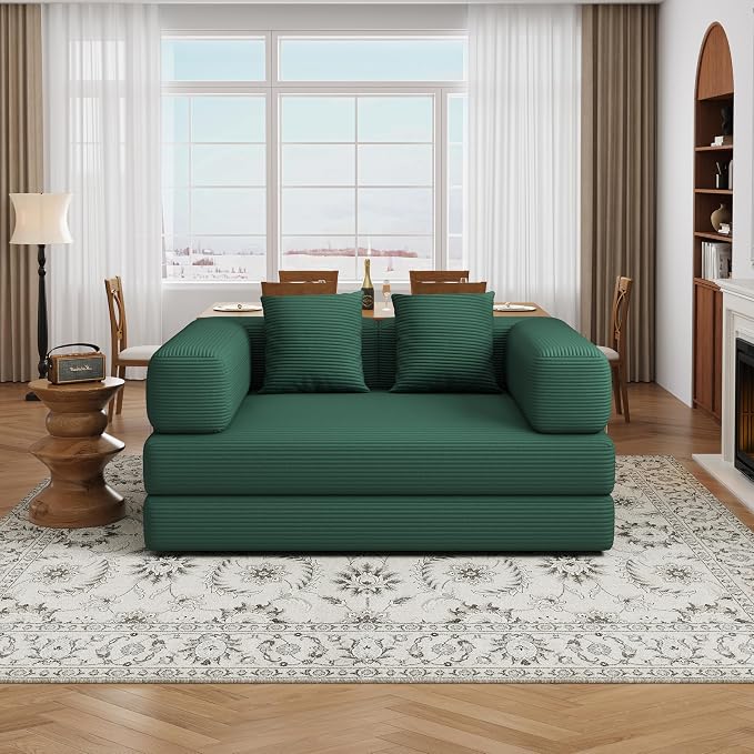 4 in 1 Convertible Sofas Boneless Couches with 2 Pillow, Modern Corduroy Futon Bed, Modular Queen Sofa with Pull-Out Bed, LoveSeat for Living Room, Small Space Apartment (Green, 53.15"Double Sofa)