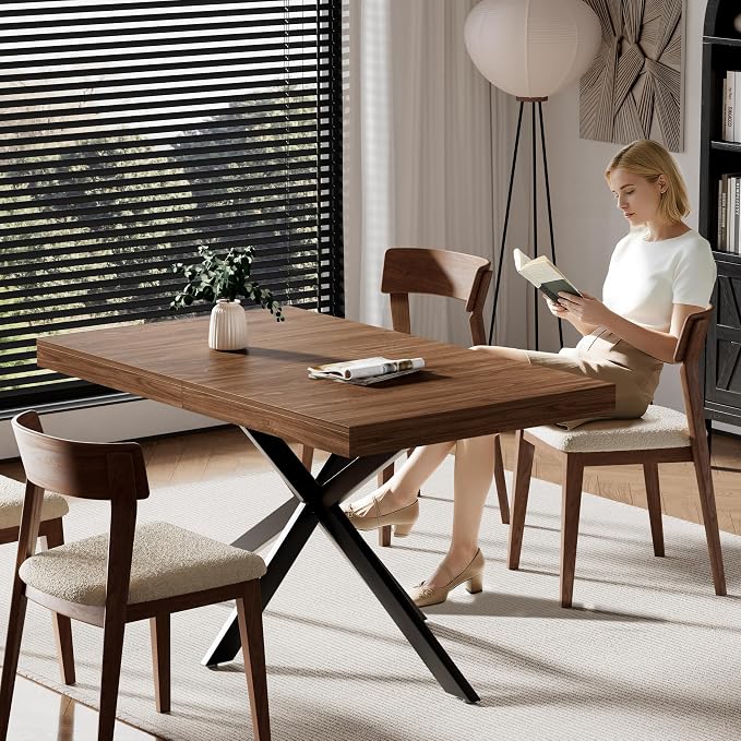 MECHYIN Extendable Dining Room Table for 4-6-8, 55''-70.9'' Wood Rectangle Expandable Dining Table with Hidden Storage, Space Saving Farmhouse Kitchen Table for Dining Room Kitchen Office,Walnut