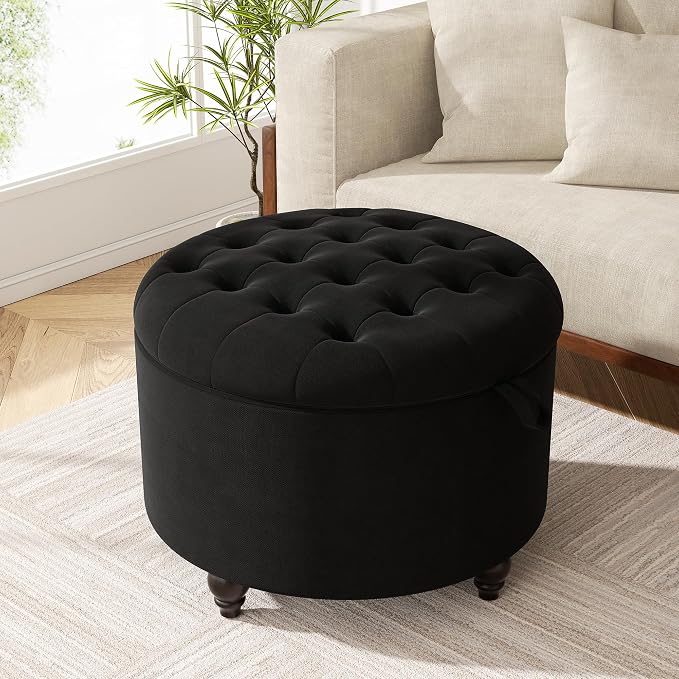 24 Inch Round Storage Ottoman,Modern Tufted Ottomans,Circular Coffee Table with Removable Top,Upholstered Large Ottoman with Storage Footrest Stool for Bedroom Living Room (Black)