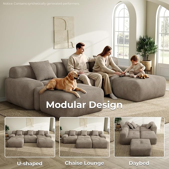 LIKIMIO LumiCord 118" Tufted Modular Sectional Sofa, Modern U-Shaped Boneless Couch for Living Room, 26.8" Deep Seat, 18.1" High Seating, 15" Wide Armrest, Corduroy, Light Brown