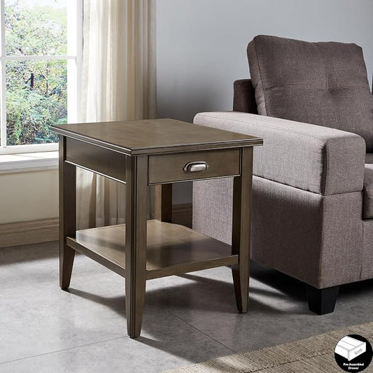 Leick Home Laurent End Table, Solid Wood, with Shelf and Drawer, Smoke Gray, 10507-GR