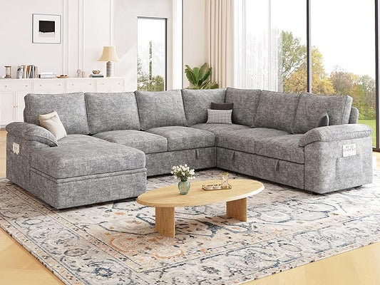 108 Inch Modular Sectional Sofa with Pull Out Bed,U Shaped 7 Seat Sectional Sleeper Sofa with Storage,Sectional Couches for Living Room,Cloud Modular Couch,Removable Sofa Cover,Light Gray